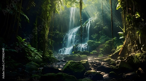 beautiful waterfall in the rainforest in the morning  panorama