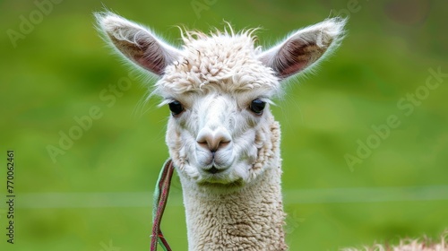  An image displays a close-up of a llama with a leash on its neck  against a green field backdrop