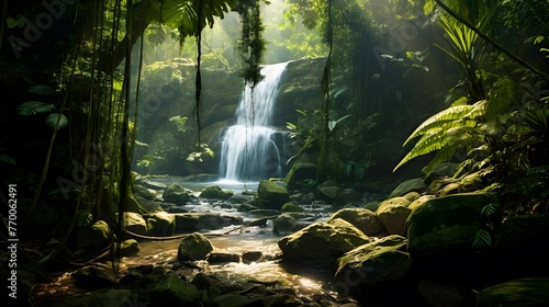 Panorama of a beautiful waterfall in the forest with sunbeams