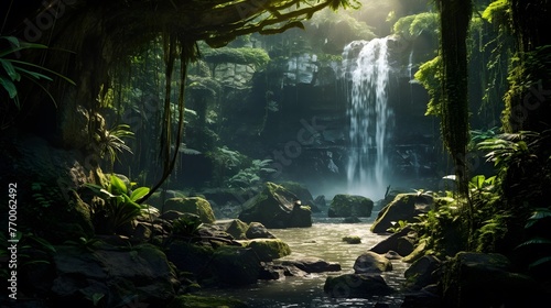 Beautiful waterfall in the tropical forest. Panoramic view.