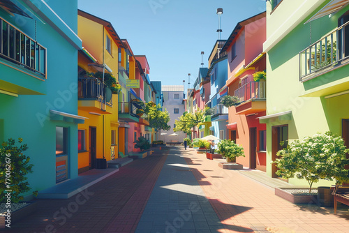 Sunny mid-morning in a vibrant housing complex with colorful facades and playful shadows. /