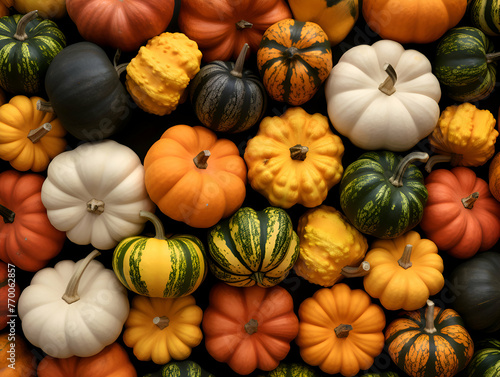 Colorful pumpkins background. Top view