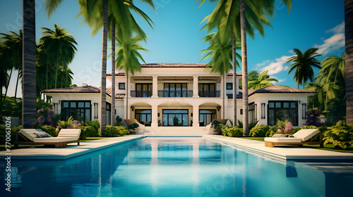 Luxury house with swimming pool and palm trees. 3d render