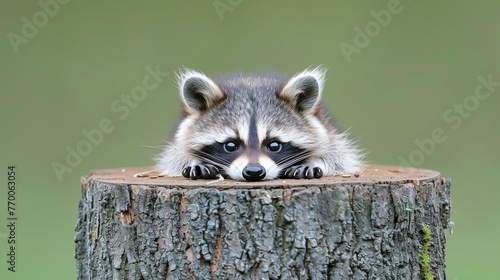  Raccoon perched atop tree stump, surveying beyond fence post