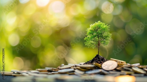 tree growing on pile of coins ,saving and economic growth., financial investment concept. photo