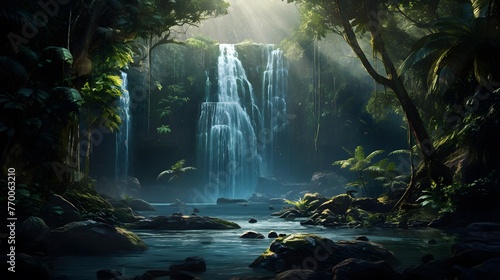 Panorama of a waterfall in a tropical rainforest. 3d rendering © Iman