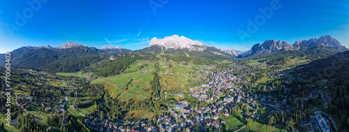 Cortina d'Ampezzo, Italy - Aerial view of the beautiful Italian village in the Dolomite mountains, host of the 2026 Olympics