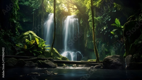 Panorama of beautiful waterfall in the rainforest. Natural background.