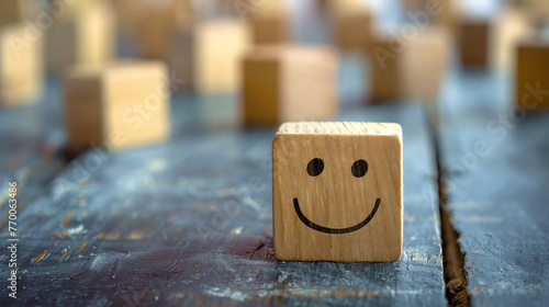 Smiling emoticon is drawn on the wooden cube, symbolizing the joy of working in team.