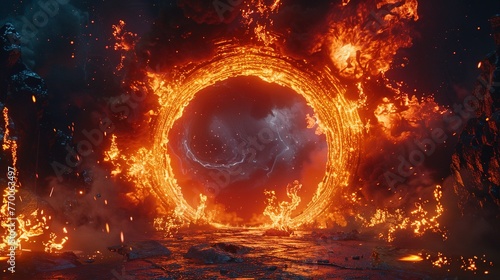 A glowing fire portal leading to a nightmarish abyss filled with swirling flames and tormented souls
