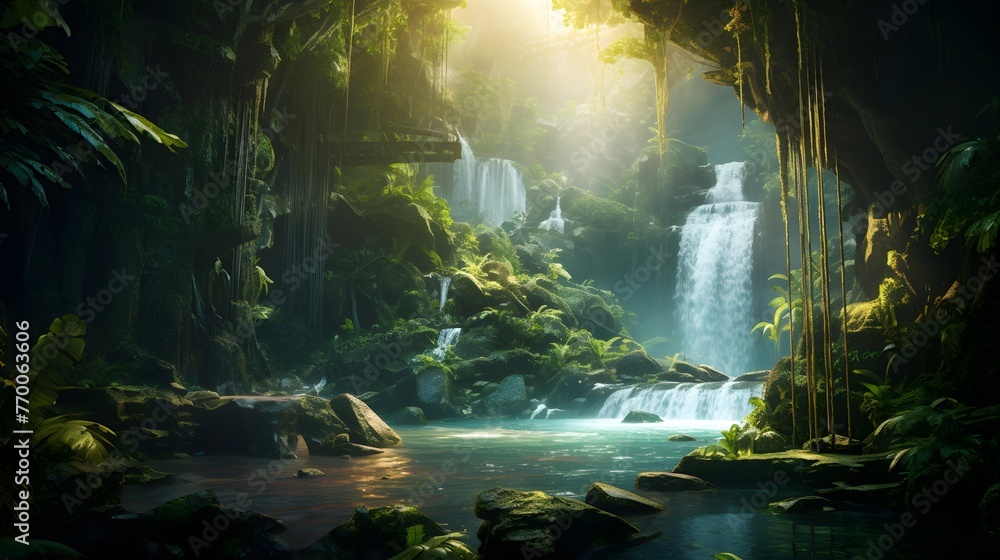 Panoramic view of the beautiful waterfall in the tropical forest.