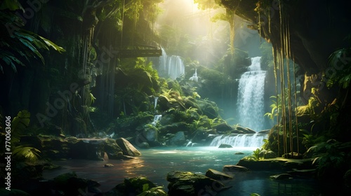 Panoramic view of the beautiful waterfall in the tropical forest.