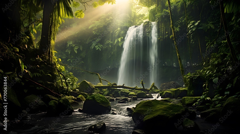 Panoramic view of a waterfall in a tropical rainforest.