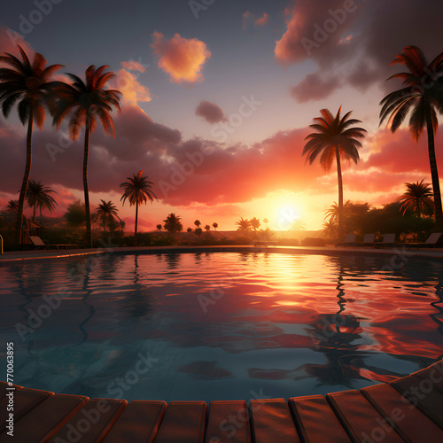 Swimming pool with palm trees at sunset. 3d render.