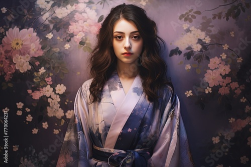 pretty Asian woman wearing traditional outfit with pink cherry blossom background, Generative Ai