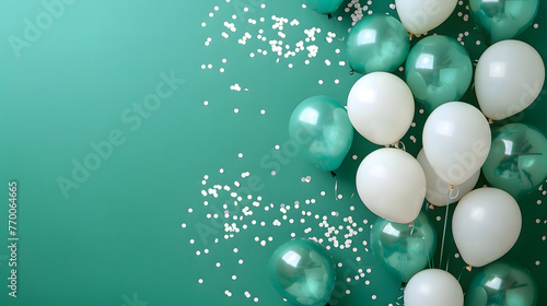 Turquoise green balloons composition background - Celebration design banner © Orkidia