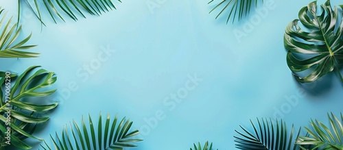 Tropical palm leaves on a blue backdrop with empty space for text  ideal for a travel agency s top view banner.