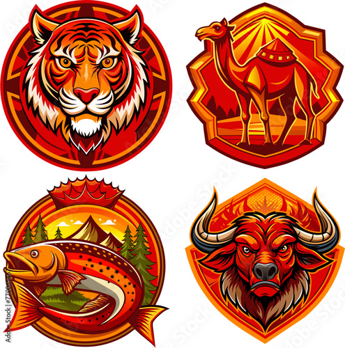 Animal Logo Vector Designs Set, Mascot Concepts, Tiger, Camel, Trout, Buffalo