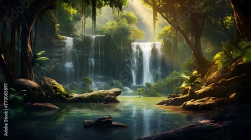 Panoramic view of a beautiful waterfall in the jungle at sunset