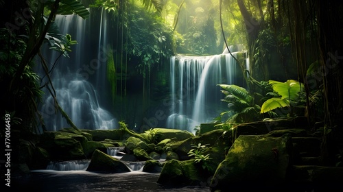 Panoramic view of beautiful waterfall in tropical rainforest. Nature background