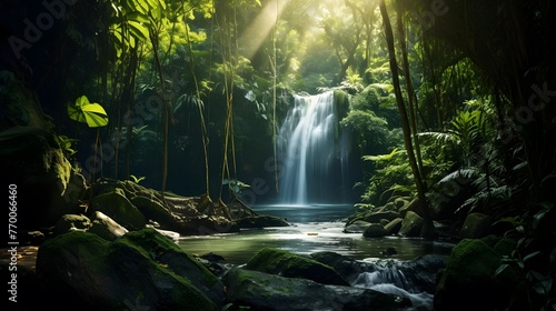 Panorama of a beautiful waterfall in the rainforest at sunset.