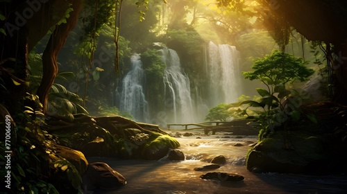 Panorama of a waterfall in the rainforest at sunset. Beautiful nature background