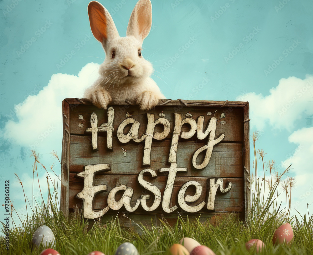 A cute white bunny peeks over a wooden sign that says Happy Easter. - obrazy, fototapety, plakaty 