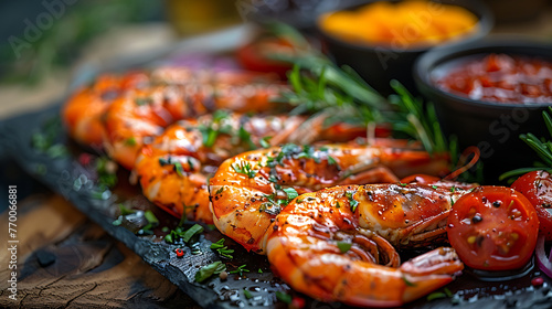 Prawn platter, close-up photo art of delicious shrimps served with sauces, high quality cuisine art