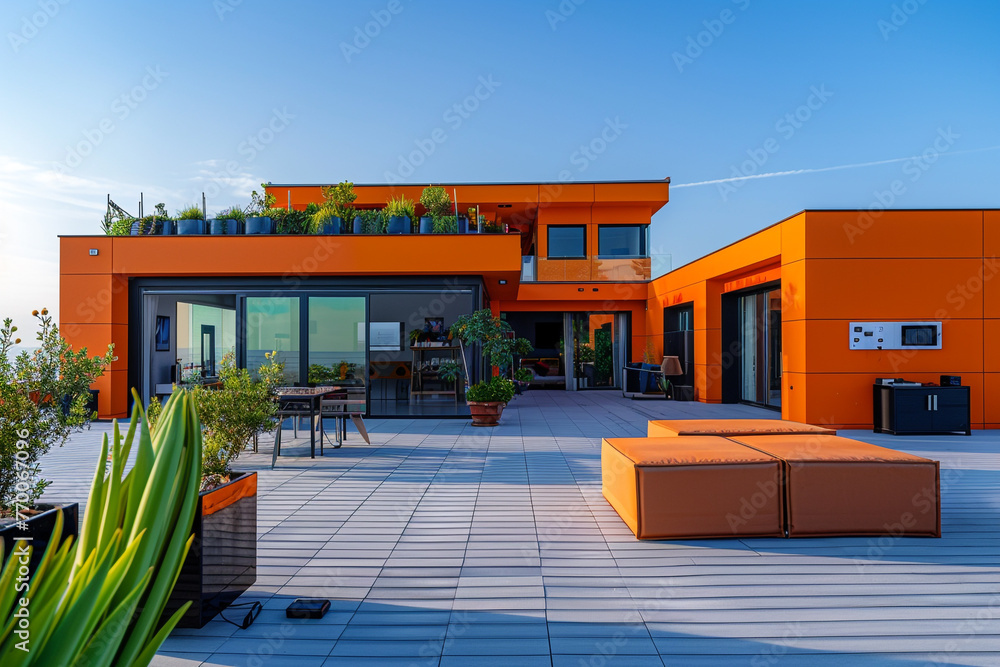 Vibrant orange tones fill the frame of a modern house with luxury furnishings, home automation systems, and a panoramic rooftop garden.