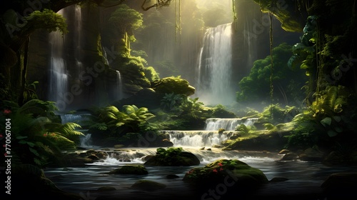 Waterfall in the forest. Panoramic image of a waterfall.