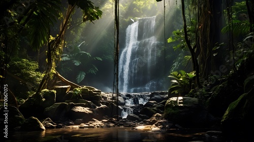 Panoramic view of a waterfall in a rainforest during the day