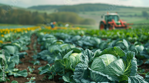 Close-up of cabbage in a farmer's bed with a tractor harvesting the crop on the horizon. photo