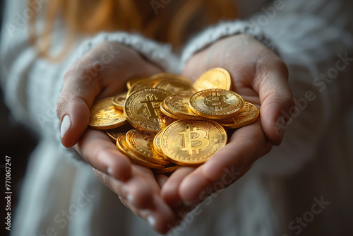 Golden Bitcoin in hands © Lana_M