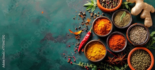 Assortment of colorful spices  seasonings and herbs in bowls on a dark green surface. Top view. Wide banner with copy space. Concept of cooking  culinary arts  seasoning  and gourmet ingredients.