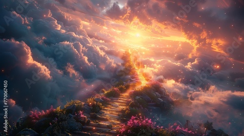 Enchanted path through blossoming clouds towards a sunset. Flower-lined stairway piercing through a cloudy realm. Concept of magical journey, nature's beauty, dreamlike escape, and serenity. photo