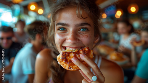 Smiling girl eating a portuguese tart pastel de bel  m.