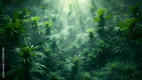 High angle view of marijuana leaves, weed, light, growing generative aI 