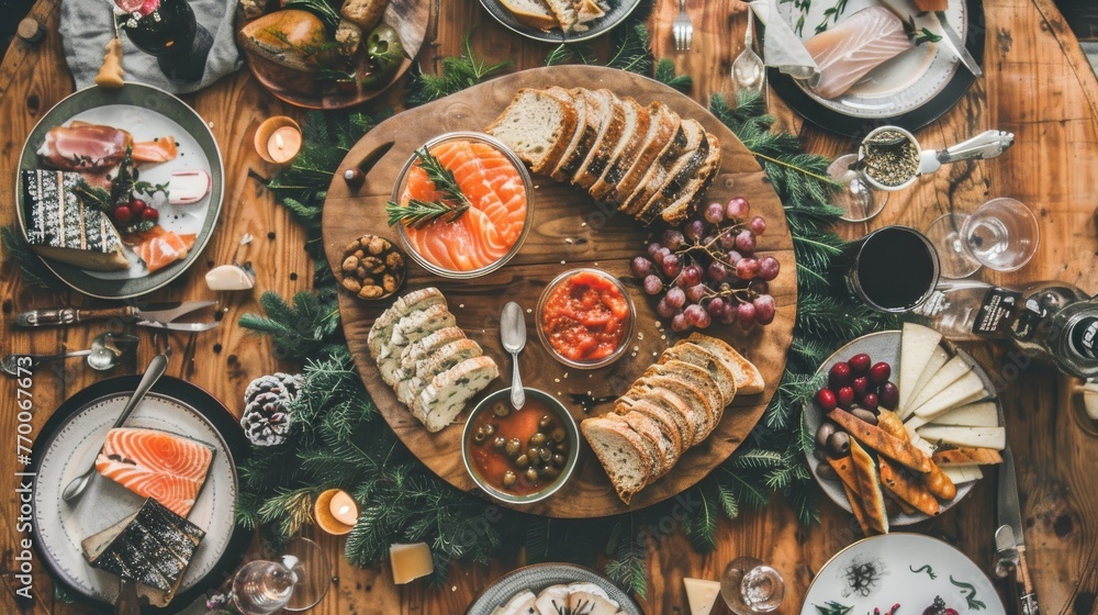 Fototapeta premium A well-set wooden dining table adorned with dishes, a meat platter, cheese, and crackers