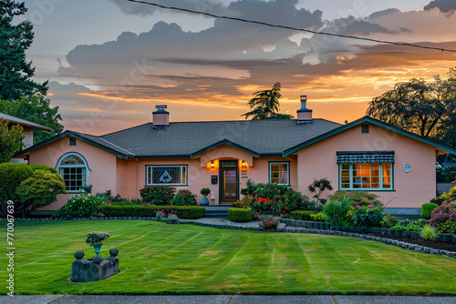 Warm hues of a peach-colored home at sunset, with meticulously kept lawn and garden, captured in ultra-high definition to emphasize charm, devoid of human figures.