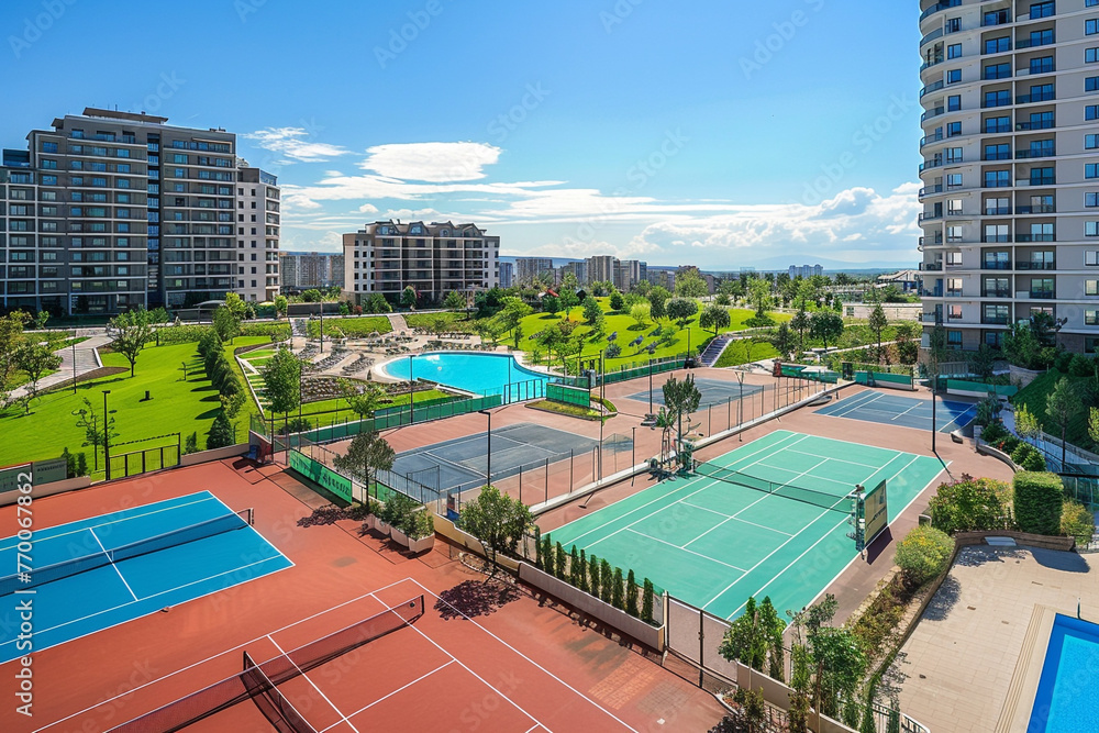 Wide-angle view of European apartment complex's outdoor leisure facilities, including tennis courts, swimming pools, designed for resident enjoyment.