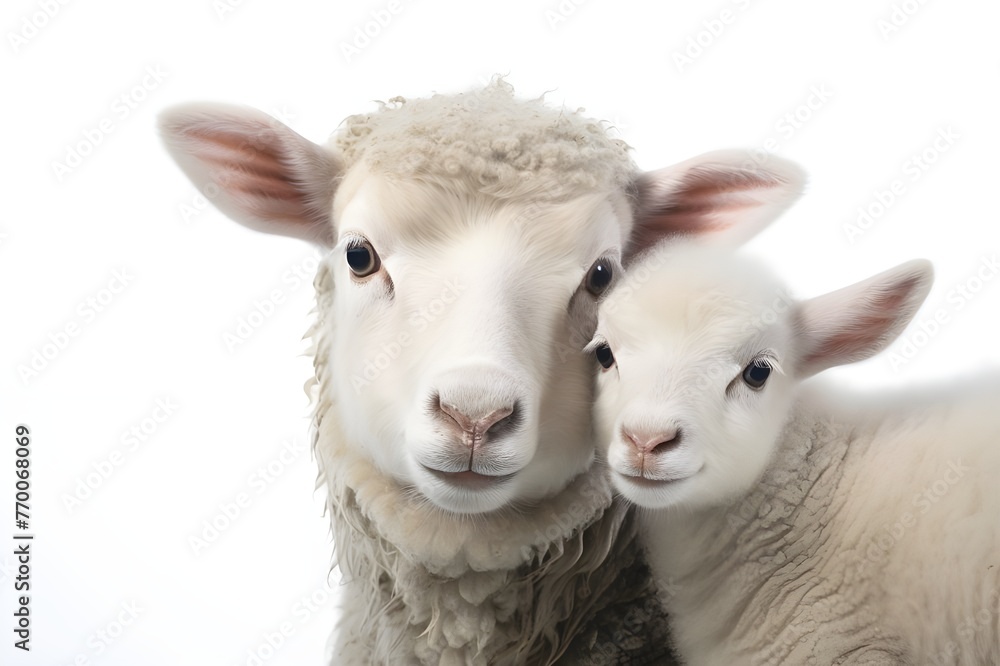 Fototapeta premium Sheep and Her Baby Close-up View on White Background