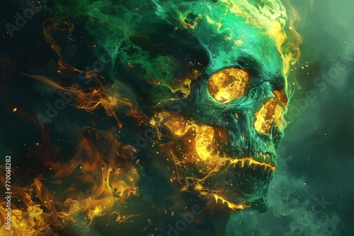 Skull on a dark background, in the style of green, flames from the eyes, burning eyes, skull logo