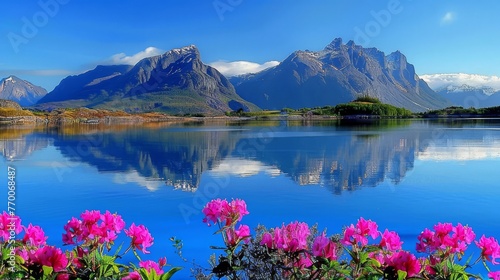  Pink flowers surround a lake  set amidst towering mountains and a clear blue sky