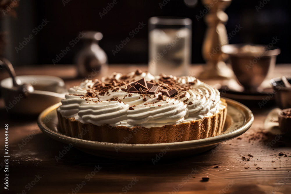 A chocolate cake with whipped cream and chocolate shavings on top sits on a plate on a wooden table