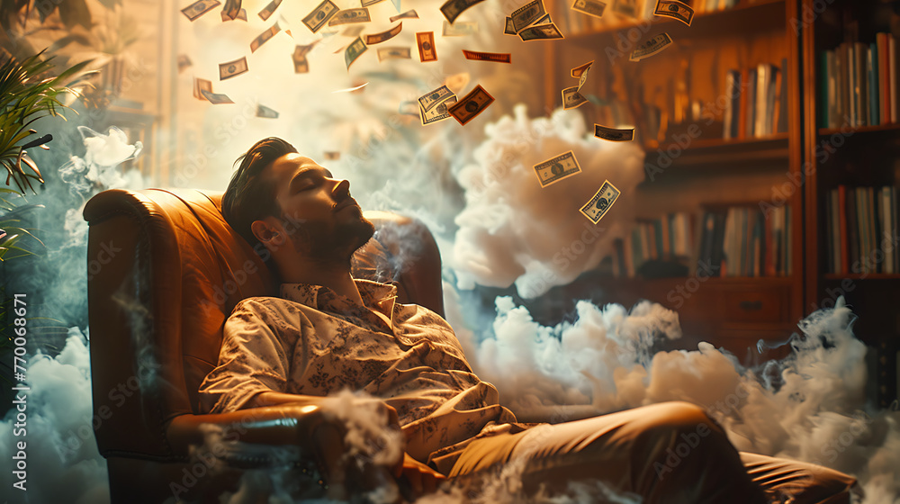 A  man sleeping with a cloud hovering above his head, within the cloud, there is a cascade of money bills gently floating [created with generative AI technology] - obrazy, fototapety, plakaty 