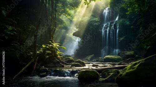 Panoramic view of a waterfall in the jungle with sunlight shining through the trees © Iman