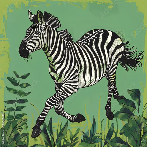 Doodle illustration of zebra running on green background  wallpaper design generated with AI