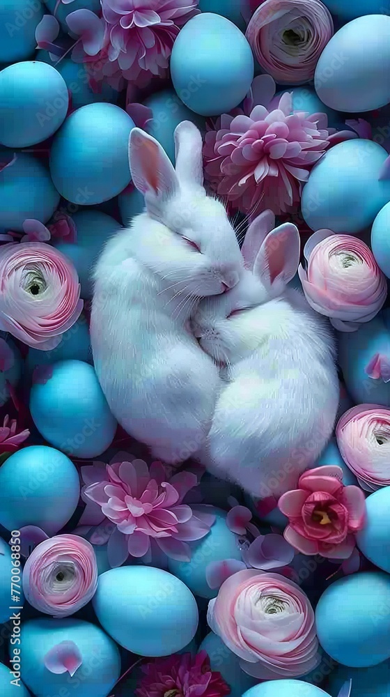 two cute white bunnies sleeping in a bed of azure pastel eggs with some dark pink ranunculus in full bloom - obrazy, fototapety, plakaty 