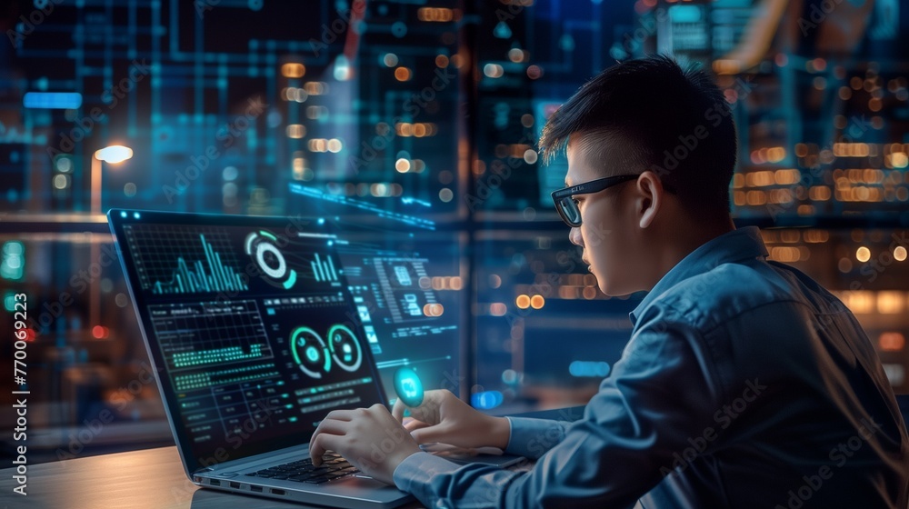 Data-Driven Decision Making for Global Business Development - Expert Programmer and Data Scientist at Work on a High-Tech Virtual Interface. Data-Driven Decision Making for Global Business Development - Expert Programmer and Data Scientist at Work on a High-Tech Virtual Interface.