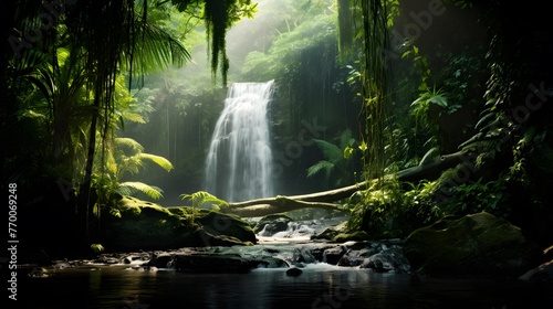 Beautiful waterfall in the rainforest. Panoramic view.